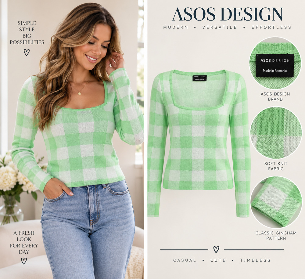 ASOS Design Mint Green Gingham Square Neck Sweater Size 4